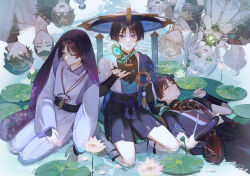 2girls 6+boys aether_(genshin_impact) ahoge anemo_symbol_(genshin_impact) aqua_gemstone armlet armor armpit_crease arms_at_sides artist_name belt black_belt black_bodysuit black_bow black_bridal_gauntlets black_hair black_kimono black_leggings black_sash black_shorts black_sleeves black_undershirt blonde_hair blue_cape blue_hat blue_kimono blue_sleeves bodysuit bow bracelet bridal_gauntlets bright_pupils brown_hair cape closed_eyes closed_mouth clothing_cutout colored_eyelashes covered_collarbone cropped_shirt cross-shaped_pupils curled_fingers detached_sleeves diamond_hair_ornament doll dress earrings eucalypink eyelashes eyeliner eyeshadow facing_away facing_to_the_side facing_up feather_earrings feathers fingernails floral_print_veil flower frilled_sleeves frills gem genshin_impact gold gold_trim green_eyes green_hair green_sleeves hair_between_eyes hakama hakama_shorts hand_on_own_stomach hat headscarf highres hip_vent japanese_armor japanese_clothes jewelry jingasa juban kaedehara_kazuha kariginu katsuragi_(genshin_impact) kimono kote kurokote layered_sleeves leg_warmers leggings lily_(flower) lily_pad long_hair long_sleeves looking_at_viewer low_ponytail makeup mandarin_collar midriff_peek multicolored_hair multiple_boys multiple_girls multiple_persona nahida_(genshin_impact) nihongami niwa_(genshin_impact) o-ring on_liquid open_clothes open_hand open_hands open_kimono paimon_(genshin_impact) pants parted_lips pauldrons petals petals_on_liquid pink_flower pink_petals pleated_shorts pom_pom_(clothes) ponytail purple_eyes purple_kimono purple_rope purple_sash purple_sleeves purple_veil red_eyeliner red_eyeshadow red_kimono red_sash reflection ripples rope sash scaramouche&#039;s_sickly_friend_(genshin_impact) scaramouche_(genshin_impact) scaramouche_(kabukimono)_(genshin_impact) scarf see-through_clothes see-through_veil shimenawa shirt short_sleeves shorts shoulder_armor shoulder_peek side_cutout side_ponytail sidelocks single_pauldron sitting sitting_on_liquid smile streaked_hair string symbol-shaped_pupils teeth tenugui tsurime turtleneck turtleneck_shirt upper_teeth_only veil vision_(genshin_impact) wanderer_(genshin_impact) white_dress white_flower white_hair white_kimono white_leg_warmers white_mouth white_pants white_pupils white_rope white_scarf white_sleeves white_trim wide_sleeves wind yellow_eyes yellow_feathers yokozuwari