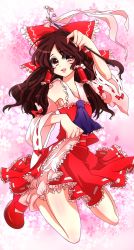 1girl absurdres bad_id bad_pixiv_id bat_wings bloomers bow brown_eyes brown_hair detached_sleeves female_focus gohei hair_bow hair_tubes hakurei_reimu haraegushi highres knbilove long_hair mary_janes oonusa sash shoes solo thighs touhou underwear wings