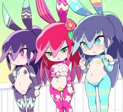 3girls blue_eyes blush bow bowtie breasts detached_sleeves fubukihime green_eyes headband high_ponytail hyakkihime large_breasts looking_ahead looking_down meme_attire multicolored_hair multiple_girls nollety pasties pink_eyes ponytail purple_hair reverse_bunnysuit reverse_outfit traditional_youkai tsubakihime_(youkai_watch) two-tone_hair youkai_(youkai_watch) youkai_watch youkai_watch_jam:_youkai_gakuen_y