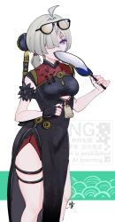 1girl abeinoddword ahoge black_dress black_gloves blunt_ends breasts brown_hair china_dress chinese_clothes clothing_cutout commentary_request dress eyewear_on_head feet_out_of_frame fingerless_gloves gloves hair_over_one_eye hand_fan highres holding holding_fan looking_at_viewer medium_breasts medium_hair pelvic_curtain purple_eyes red_dress short_twintails single_glove sleeveless sleeveless_dress solo sweety_(zenless_zone_zero) tinted_eyewear tuanshan twintails two-tone_dress underboob_cutout watermark yellow-tinted_eyewear zenless_zone_zero