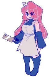 1girl apron blue_eyes bone boots cleaver colored_skin eyes_visible_through_hair flesh freckles full_body highres holding holding_knife kakke666 knife long_hair original pigeon-toed pink_hair pink_skin side_slit simple_background solo standing torn_clothes turtleneck white_background