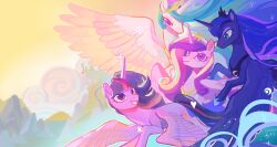 absurdres animal animal_focus aqua_eyes blue_eyeshadow blue_hair chinese_commentary colorful commentary_request eyeshadow flying highres hooves in-universe_location jewelry long_hair makeup multicolored_hair my_little_pony my_little_pony:_friendship_is_magic necklace no_humans outdoors pony_(animal) princess princess_cadance princess_celestia princess_luna purple_eyes purple_hair shiqiuzhu siblings sisters tiara twilight_sparkle unicorn very_long_hair winged_unicorn wings