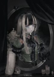 1girl absurdres artist_name ascot black_ascot black_butterfly black_eyeshadow black_hair blue_eyes bodice branch brooch bug butterfly candle choker clam_shell closed_mouth curtains dress dust eyelashes eyeliner eyeshadow frilled_sleeves frills gem green_dress grey_hair grey_lips highres hime_cut hololive indoors insect jewelry juufuutei_raden lace lace_choker lips lipstick looking_at_viewer makeup mirror multicolored_hair painting_(medium) pearl_(gemstone) sidelocks solo table traditional_media two-tone_hair upper_body vase watercolor_(medium) yorulost