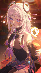Rule 34 | 1girl, ?, bare shoulders, black leotard, blue eyes, blue gemstone, blush, braid, breasts, citlali (genshin impact), cleavage, commentary request, cryo symbol (genshin impact), cup, drooling, facial mark, fingernails, floating headgear, forehead mark, gem, genshin impact, headgear, highres, holding, holding cup, large breasts, leotard, long hair, mouth drool, multicolored hair, nail polish, open mouth, pink hair, pink pupils, purple hair, purple nails, sitting, sleeveless turtleneck leotard, so zei tama tama, solo, teeth, triangle, triangle facial mark, twin braids, upper teeth only, very long hair, vision (genshin impact)