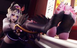 1girl 3d alternate_costume barefoot blender blizzard_(company) colored_skin eyebrows feathers feet feet_on_table feet_together feet_up foot_focus glowing glowing_eyes highres indoors kiriko_(overwatch) legs_up long_hair looking_at_viewer makeup overwatch overwatch_2 presenting_feet public_indecency purple_eyes purple_lips purple_skin restaurant sharp_nails sharp_toenails shorts soles stirrup_legwear stirrup_socks syclops toeless_legwear toenails toes white_hair yatagarasu_kiriko