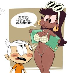 Rule 34 | 1boy, 1girl, blush stickers, bra, breasts, brown hair, dark-skinned female, dark skin, earrings, english text, eyewear on head, green shirt, highres, jewelry, large breasts, leni bloud, lincoln loud, looking at another, open clothes, open mouth, open shirt, orange shirt, panties, shirt, short sleeves, spakka, speech bubble, sunglasses, teeth, the bloud house, the loud house, toon (style), underwear, upper teeth only, white-framed eyewear, white hair, white panties