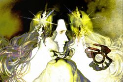 1boy absurdres androgynous black_background enki_(fear_&amp;_hunger) faux_traditional_media fear_&amp;_hunger_(series) from_side highres krita_(medium) limited_palette long_hair male_focus non-circular_lens_flare poltory_tvari surreal symmetry upper_body watercolor_effect yellow_background yellow_theme