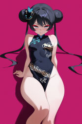 1girl absurdres black_dress black_hair blue_archive blush china_dress chinese_clothes double_bun dress frown hair_bun highres kisaki_(blue_archive) long_hair momobug22 red_background sitting solo twintails v-shaped_eyebrows very_long_hair