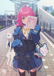 1girl cat highres hiroki_ree kuudere looking_at_viewer love_live! love_live!_nijigasaki_high_school_idol_club pink_hair solo tennoji_rina yellow_eyes
