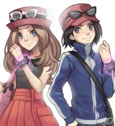 1boy 1girl black_hair blue_jacket brown_hair calem_(pokemon) eyewear_on_headwear fishiebug grey_eyes hat jacket looking_at_viewer mega_ring nintendo pleated_skirt pokemon pokemon_xy red_hat serena_(pokemon) signature skirt sunglasses
