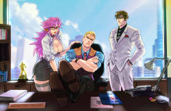 1girl 2boys alternate_costume breasts brown_hair capcom city cleavage cody_travers commission crossed_arms final_fight formal_clothes frown guy_(final_fight) hair_slicked_back hands_in_pockets looking_at_viewer mike_haggar multiple_boys office poison_(final_fight) smile street_fighter street_fighter_v thighhighs vest waistcoat wallace_pires watch window wristwatch
