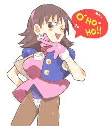 Rule 34 | 1girl, azumanga daiou, blush, breasts, brown hair, eyecatch, gloves, inkerton-kun, large breasts, leotard, medium breasts, mega man (series), mega man legends (series), pantyhose, pink gloves, tron bonne (mega man)