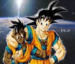 2boys black_eyes black_hair dark-skinned_male dark_skin dragon_ball earth_(planet) happy looking_at_viewer master_and_apprentice master_and_pupil multiple_boys muscular muscular_male planet smile son_goku uub
