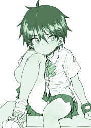 bow bowtie closed_mouth collared_shirt diagonal-striped_bow diagonal-striped_bowtie diagonal-striped_clothes green_theme knee_up loose_socks miniskirt monochrome original panties pantyshot pleated_skirt ponsuke_(pon00000) school_uniform shirt shoes short_hair short_sleeves simple_background sitting skirt sneakers socks striped_clothes tan tanline underwear