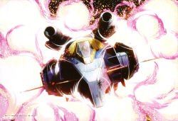 1girl absurdres artist_request battle beam_cannon canards canopy_(aircraft) debris earth_federation energy g-fighter gundam gundam_perfect_file highres machinery mecha_pilot_suit mobile_suit_gundam official_art pilot sayla_mass scan science_fiction spacecraft sparks starfighter traditional_media translation_request
