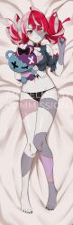 1girl artselmetti_(lewdselmetti) barefoot black_toenails dakimakura_(medium) feet female hololive hololive_indonesia hololive_indonesia_holoro kureiji_ollie lingerie looking_at_viewer lying on_back patchwork_skin plushie pout tagme toes underwear virtual_youtuber zombie zombie_girl
