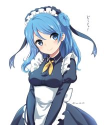 10s 1girl alternate_costume apron artist_name blue_dress blue_eyes blue_hair breasts collar collared_dress cowboy_shot double_bun dress enmaided eyebrows female_focus frills hair_between_eyes hair_bun head_tilt ica juliet_sleeves kantai_collection long_hair long_sleeves looking_at_viewer maid maid_apron maid_headdress matching_hair/eyes neckerchief puffy_long_sleeves puffy_sleeves ribbon simple_background smile solo tareme text_focus translation_request twitter_username underbust urakaze_(kancolle) v_arms very_long_hair waist_apron white_background yellow_neckerchief yellow_ribbon