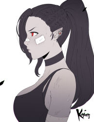 1girl artist_name bandages bandaid bandaid_on_face bandaid_on_nose black_choker black_hair breasts choker earrings elezen elf final_fantasy final_fantasy_xiv from_side highres hilda_ware hybrid hyur jewelry koyorin large_breasts long_hair partially_colored pointy_ears ponytail red_eyes signature solo sweatdrop