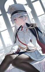 Rule 34 | 1girl, absurdres, artist request, black pantyhose, blue eyes, blue skirt, commentary request, commission, hat, heterochromia, highres, indoors, jacket, jacket on shoulders, korean commentary, long hair, long sleeves, looking at viewer, necktie, original, pantyhose, parted lips, red necktie, second-party source, sitting, skirt, solo, white hair, white hat, white jacket, yellow eyes