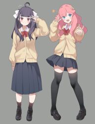 2girls ahoge alternate_costume arm_up black_shoes black_socks black_thighhighs blue_eyes blunt_bangs bow bowtie breasts cardigan chofu_noriko collared_shirt commentary double_v dress_shirt full_body grey_background hair_bow hair_ornament highres ikizulive!_love_live!_bluebird kanazawa_miracle loafers long_hair long_skirt long_sleeves love_live! medium_breasts miniskirt multiple_girls pink_hair pleated_skirt purple_hair red_bow red_bowtie school_uniform shirt shoes sidelocks simple_background skirt socks soyo1558686 standing star_(symbol) star_hair_ornament thighhighs two_side_up v w wavy_hair white_bow white_shirt yellow_cardigan zettai_ryouiki