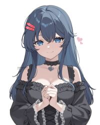 1girl bare_shoulders black_choker black_dress blue_eyes blue_hair breasts choker cleavage closed_mouth commentary commission dress frilled_dress frilled_straps frills goth_fashion hair_between_eyes hair_ornament heart heart_choker highres kind_mita_(miside) lace lace_choker long_hair looking_at_viewer medium_breasts miside mita_(miside) own_hands_together shizukodesu simple_background smile solo upper_body vgen_commission white_background