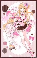 1girl :d ahoge balloon black_skirt blonde_hair blush bow breasts cleavage dress frills full_body hair_ornament hat heart highres kamu_(poulro) long_hair looking_at_viewer medium_breasts one_side_up open_mouth original pink_bow puffy_sleeves skirt smile solo very_long_hair wrist_cuffs