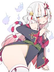 1girl absurdres bell black_kimono blush breasts double_bun ghost gradient_hair hair_bell hair_between_horns hair_bun hair_ornament highres hololive horns japanese_clothes kimono kouhaku_nawa kuma_no_bansoukou looking_at_viewer medium_breasts multicolored_hair nakiri_ayame nakiri_ayame_(1st_costume) oni perspective red_eyes red_hair rope shimenawa skin-covered_horns streaked_hair thighhighs thighs virtual_youtuber white_background white_thighhighs wide_sleeves