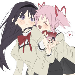 2girls ^_^ akemi_homura an9 black_hair black_hairband black_skirt blush_stickers bow bowtie brown_shirt chinese_commentary closed_eyes commentary_request cowboy_shot flat_color hair_ribbon hairband hand_on_hand hand_on_own_chest happy head_on_another&#039;s_shoulder heart holding holding_toy jewelry juliet_sleeves kaname_madoka lace-trimmed_sleeves lace_trim leaning_forward long_hair long_sleeves looking_at_another mahou_shoujo_madoka_magica mahou_shoujo_madoka_magica_(anime) miniskirt mitakihara_school_uniform multiple_girls open_mouth parted_lips pink_hair pleated_skirt pocket puffy_sleeves purple_eyes red_bow red_bowtie red_eyes ribbon ring school_uniform shirt short_hair short_twintails simple_background skirt smile spoken_heart standing surprised toy twintails very_long_hair white_background white_sleeve_cuffs yuri