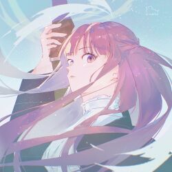 1girl absurdres black_coat blue_background coat dress fern_(sousou_no_frieren) gensou_getsumen_rt highres holding holding_staff long_hair purple_eyes purple_hair solo sousou_no_frieren staff white_dress