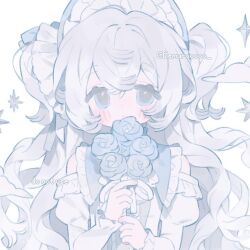 1girl blue_eyes blue_hair blush bonnet bouquet dress flower frilled_bonnet frills hair_between_eyes hair_ornament holding holding_bouquet long_hair long_sleeves looking_at_viewer memuro original rose solo star_(symbol) twitter_username two_side_up upper_body white_background