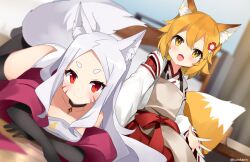 Rule 34 | :3, animal ear fluff, animal ears, apron, black gloves, black thighhighs, closed mouth, elbow gloves, facial mark, fang, fox ears, fox tail, gloves, japanese clothes, jewelry, kimono, kurot, long hair, looking at viewer, lying, medium hair, multicolored fur, necklace, on bed, on stomach, open mouth, orange eyes, orange fur, orange hair, senko (sewayaki kitsune no senko-san), sewayaki kitsune no senko-san, shiro (sewayaki kitsune no senko-san), sitting, smile, tail, thick eyebrows, thighhighs, white fur, white hair