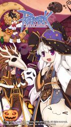 1boy 2girls :3 animal animal_on_head animal_skull arch_mage_(ragnarok_online) bat_(animal) black_cat black_gloves black_hat black_sash black_shirt blue_eyes blue_socks boots bow bowtie breasts brown_capelet brown_hair brown_pants brown_sash bug candy capelet cat cat_on_head closed_mouth coat copyright_notice cowboy_shot eye_print fingerless_gloves flat_chest food fur-trimmed_capelet fur_trim garling_(ragnarok_online) ghost gloves gold_trim grey_coat halloween hat highres holding holding_mask jack-o&#039;-lantern logo loli_ruri long_hair long_sleeves looking_at_viewer mask medium_breasts moon multiple_girls obi official_art official_wallpaper on_crescent on_head open_mouth orange_moon pants pumpkin purple_eyes purple_sky ragnarok_online red_bow red_bowtie red_socks sash sheet_ghost shirt skull_on_head sky sleeveless sleeveless_coat smile socks soul_ascetic_(ragnarok_online) spider star_(symbol) star_print striped_clothes striped_socks whisper_(ragnarok_online) white_boots white_shirt witch_hat wrapped_candy yuichirou