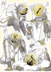 Rule 34 | 1boy, ?, all fours, arm support, black boots, black gloves, boots, digital media player, earphones, ferrofluid, fishbowl helmet, gloves, hand on own head, hnt (1177tr1999), holding digital media player, jumpsuit, listening to music, multiple views, object head, pillow, reverse:1999, sitting, speech bubble, spoken question mark, translation request, transparent background, trembling, ulrich (reverse:1999), upper body, white jumpsuit