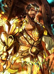 1boy afk_(series) afk_journey baelran_(afk) bara beard braid braided_beard brown_hair closed_mouth commentary dark-skinned_male dark_skin english_commentary facial_hair highres jewelry jieli looking_at_viewer muscular muscular_male mustache necklace pectoral_cleavage pectorals robe smile swept_bangs