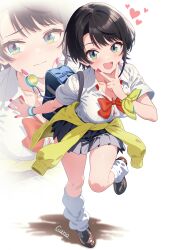 1girl :d aqua_eyes bag black_hair black_skirt bow bowtie breasts brown_shoes button_gap cardigan cardigan_around_waist closed_mouth clothes_around_waist collared_shirt commentary_request curio_(curiofinity) full_body heart highres hololive large_breasts loafers looking_at_viewer loose_socks nail_polish oozora_subaru open_mouth pink_nails pleated_skirt red_bow red_bowtie school_bag school_uniform shirt shirt_tucked_in shoes short_hair short_sleeves skirt smile socks solo swept_bangs v v_over_mouth virtual_youtuber white_shirt wristband yellow_cardigan zoom_layer