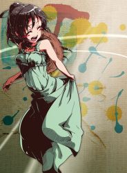 1girl akahane_daisuke bad_id bad_pixiv_id brown_hair closed_eyes clothes_lift dress dress_lift female_focus gradient_background green_dress happy hat highres jumping laughing long_dress long_skirt original skirt skirt_hold skirt_lift solo straw_hat sundress
