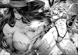 2girls abs amazon_(dragon&#039;s_crown) armlet armor armorkini axe bare_shoulders bikini bikini_armor breasts cleavage detached_sleeves dragon&#039;s_crown feathers gloves greyscale halberd hat hat_over_one_eye huge_breasts jewelry large_breasts lips long_hair momofuki_rio monochrome multiple_girls muscular muscular_female one_eye_covered polearm sorceress_(dragon&#039;s_crown) swimsuit tattoo thick_thighs thighs vanillaware weapon