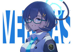 1girl aqua-framed_eyewear blue_archive blue_eyes blue_hair blue_halo blue_jacket blue_necktie breasts chihiro_(blue_archive) collared_shirt commentary_request glasses grin hair_ornament halo highres jacket large_breasts looking_at_viewer makurino medium_hair multicolored_jacket necktie open_clothes open_jacket portrait rabbit_hair_ornament semi-rimless_eyewear shirt smile solo two-tone_jacket under-rim_eyewear white_jacket white_shirt