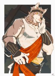 1boy animal_ears bead_necklace beads black_headband black_pants chinese_commentary closed_mouth commentary_request furry furry_male headband jewelry lan_uxn looking_at_viewer male_focus muscular muscular_male necklace pants pectorals shirt sleeveless sleeveless_shirt tank_top threefold_recital tongue tongue_out triratna_(threefold_recital) white_shirt white_tank_top wolf_boy wolf_ears