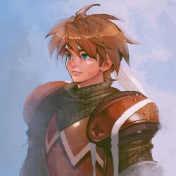 Rule 34 | 1boy, absurdres, armor, blue background, blue eyes, breastplate, brown hair, chainmail, chrono cross, dated, facial scar, fumezu1, glenn (chrono cross), hair between eyes, headband, highres, leather armor, male focus, parted lips, pauldrons, portrait, scar, scar on cheek, scar on face, shoulder armor, signature, smile, solo, white headband