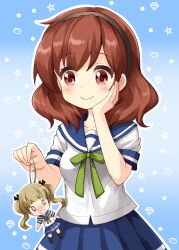 0_0 2girls black_hairband black_ribbon black_socks blue_sailor_collar blue_skirt blush brown_hair chibi clenched_teeth closed_mouth commentary_request cowboy_shot green_neckerchief hair_ribbon hairband hand_on_own_cheek hand_on_own_face highres ibe_sayuri koisuru_asteroid medium_hair mini_person minigirl multiple_girls neckerchief nose_blush outline pleated_skirt red_eyes red_hair ribbon ruu_(tksymkw) sailor_collar sakurai_mikage school_uniform serafuku shirt short_sleeves skirt smile socks teeth twintails white_outline white_shirt