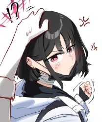 !? 1boy 1girl anger_vein bandaged_neck bandages barbell_piercing black_hair blue_archive blush clenched_hand commentary doodle_sensei_(blue_archive) ear_piercing english_commentary halo hand_on_another&#039;s_head headpat herzero highres hood hoodie incoming_attack incoming_punch industrial_piercing jacket looking_at_viewer looking_back mask mask_pull misaki_(blue_archive) mixed-language_commentary mouth_mask piercing pov punching red_eyes red_halo sensei_(blue_archive) short_hair simple_background surgical_mask sweatdrop white_background
