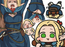 &gt;_&lt; 1girl :3 :d ^_^ arms_up backpack bag belt_pouch blonde_hair blue_capelet blue_robe blush book_holster bowl braid breakdance breasts capelet chibi closed_eyes closed_mouth commentary crying dungeon_meshi eating elf facing_away facing_viewer food french_braid green_eyes handstand holding holding_staff hood hood_down hooded_capelet jazz_jack large_breasts long_hair long_sleeves marcille_donato multiple_views open_mouth pants plant pointy_ears pouch red_ribbon restrained ribbon robe sandals side_braid smile soup sprout staff tentacles upside-down vines white_background white_pants