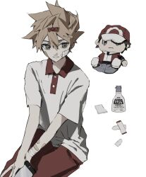 1boy alternate_costume bandaid bandaid_on_arm blue_oak bottle bow character_doll closed_mouth collared_shirt commentary_request doll hair_between_eyes hair_bow male_focus nintendo own_hands_together pants pokemon pokemon_frlg red_(pokemon) red_bow red_pants sekaiitinoki shirt short_hair short_sleeves simple_background solo white_background