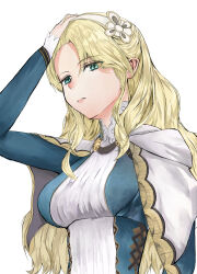 Rule 34 | 1girl, absurdres, blonde hair, blue dress, blue eyes, capelet, dress, hairband, hand on own head, highres, long hair, long sleeves, looking at viewer, lulunarde (wizardry), multicolored dress, pee poncopo, simple background, solo, upper body, white background, white capelet, white dress, white hairband, wizardry, wizardry variants daphne