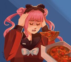 1girl anchovy_(fish) black_bow blue_background blue_hair bow closed_eyes female_focus floating food hair_bow highres levitation long_sleeves man_levitating_pizza_(meme) meme open_mouth pepperoni pepperoni_pizza pink_hair pizza pizza_box pizza_slice red_shirt shirt simple_background solo solo_focus the_hundred_line_-last_defense_academy- tsukumo_kako