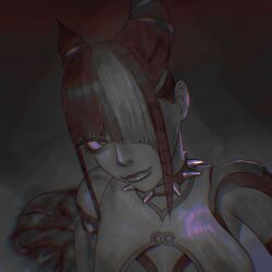 Rule 34 | 1boy, 1girl, absurdres, aot 4000, collar, commentary, diagonal bangs, from above, hair horns, hair over one eye, han juri, highres, multicolored hair, short hair, spiked collar, spikes, street fighter, street fighter 6, two-tone hair
