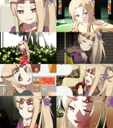 1girl blonde_hair chair closed_eyes collarbone commentary_request display donut fangs flower food hair_down hair_flower hair_ornament highres holding holding_donut holding_food kid_icarus kid_icarus_uprising multiple_views nintendo open_mouth ponytail smile smug ukata upper_body viridi yellow_eyes