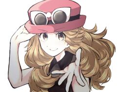 1girl black_shirt blonde_hair creatures_(company) game_freak grey_eyes hat highres i_wash_iii long_hair looking_at_viewer nintendo pokemon pokemon_xy red_hat serena_(pokemon) shirt sleeveless sleeveless_shirt smile