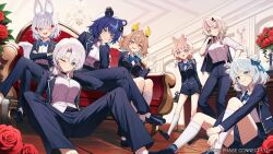 6+girls absurdres ahoge animal_ears antlers aqua_eyes aqua_hair bear_ears bear_girl black_bow black_shoes blonde_hair blue_bow blue_choker blue_eyes blue_hair blue_jacket blue_pants blue_ribbon blue_shorts bow braid bright_pupils brown_hair candelabra candlestand choker choppy_bangs colored_inner_hair couch cowlick cross cross_earrings crossed_arms crossed_legs deer_antlers deer_girl desk dragon_girl ear_ribbon earrings flower fox_ears fox_girl fox_tail fujikura_uruka goeleu green_eyes grey_hair hair_ornament hakushika_iori headphones highres horn_ornament horns jacket jacket_on_shoulders jewelry looking_at_viewer medium_hair multicolored_hair multiple_girls official_art one_eye_closed open_clothes open_jacket open_mouth pants parted_bangs phase_connect pink_eyes pink_hair pipkin_pippa purple_eyes rabbit_ears rabbit_girl red_eyes ribbon rinkou_ashelia rose school_uniform shirt shisui_michiru_(phase_connect) shoes shorts sidelocks sitting sleeves_rolled_up smile socks spread_legs standing streaked_hair tail tenma_maemi tile_floor tiles twin_braids two-tone_hair utatane_nasa virtual_youtuber waving white_hair white_pupils white_shirt white_socks